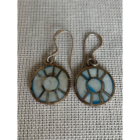 Estate Jewelry - Vintage 925 Sterling Silver Gemstone inlay round circle dangle earrings Estate